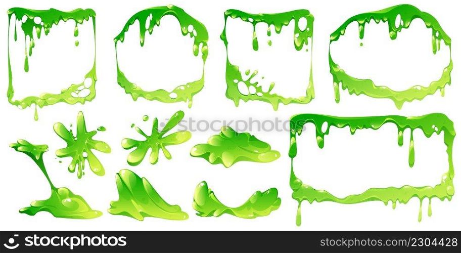 Green slime frames and elements isolated vector set. Liquid toxic ooze borders square, rectangle and round shapes with blobs and dripping. Sticky goo, jelly or syrup fluid splats, Cartoon illustration. Green slime frames or elements isolated vector set