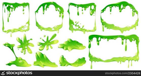 Green slime frames and elements isolated vector set. Liquid toxic ooze borders square, rectangle and round shapes with blobs and dripping. Sticky goo, jelly or syrup fluid splats, Cartoon illustration. Green slime frames or elements isolated vector set