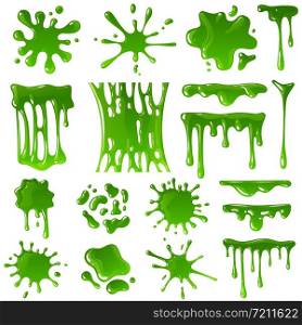 Green slime. Goo blob splashes, toxic dripping mucus. Slimy splodge and drops, liquid borders. Cartoon isolated vector decorative forms playing blotches snot set. Green slime. Goo blob splashes, toxic dripping mucus. Slimy splodge and drops, liquid borders. Cartoon isolated vector set