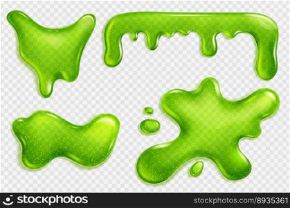 Green slime, jelly stain, liquid dripping snot or glue realistic vector isolated illustration on transparent background. Blot of toxic phlegm or slimy poison splash. Green slime, jelly, liquid dripping snot or glue