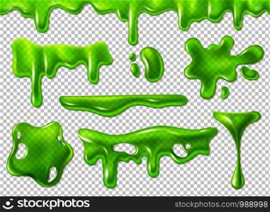 Green slime. Slimy purulent blots, goo splashes and mucus smudges. Realistic halloween elements isolated vector decorative forms dripping toxic set. Green slime. Slimy purulent blots, goo splashes and mucus smudges. Realistic halloween elements isolated vector set