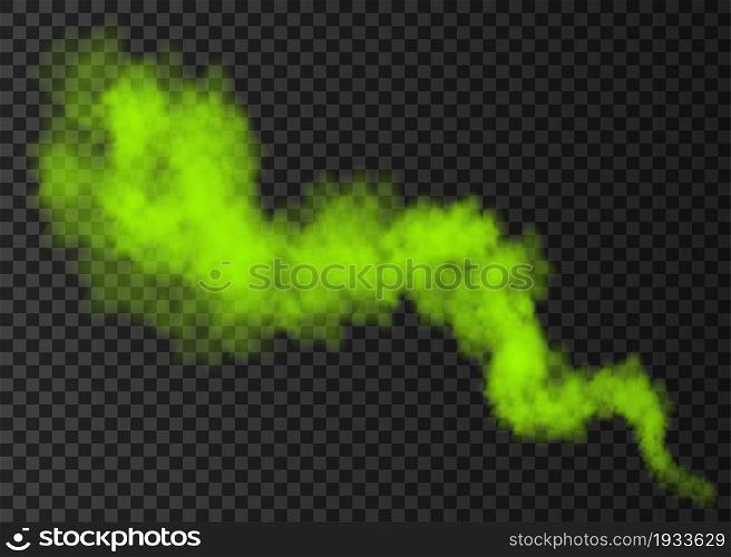 Green smoke burst isolated on transparent background. Color steam explosion special effect. Realistic vector column of fire fog or mist texture .