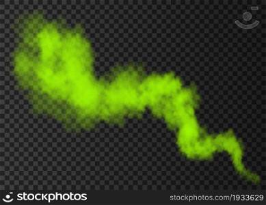 Green smoke burst isolated on transparent background. Color steam explosion special effect. Realistic vector column of fire fog or mist texture .