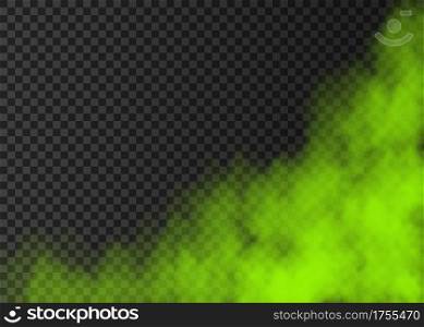 Green smoke isolated on transparent background. Steam special effect. Realistic colorful vector fire fog or mist texture.