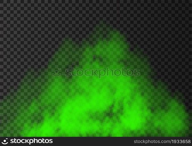 Green smoke isolated on transparent background. Steam special effect. Realistic colorful vector fire fog or mist texture.