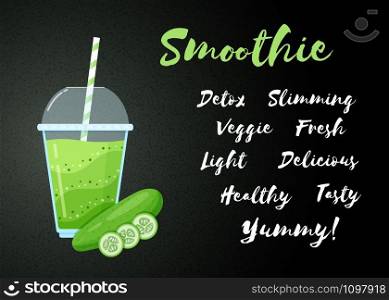 Green smoothie cucumber cocktail flat vector illustration. Fresh vegetarian smoothies drink with green layers glass with cup and straw. Raw pineapple fruit and sign Smoothie for fast food menu design. Green smoothie cucumber vegetable cocktail banner
