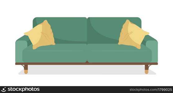 Green sofa with pillows semi flat color vector object. Full sized item on white. Furniture for living room. House interior isolated modern cartoon style illustration for graphic design and animation. Green sofa with pillows semi flat color vector object