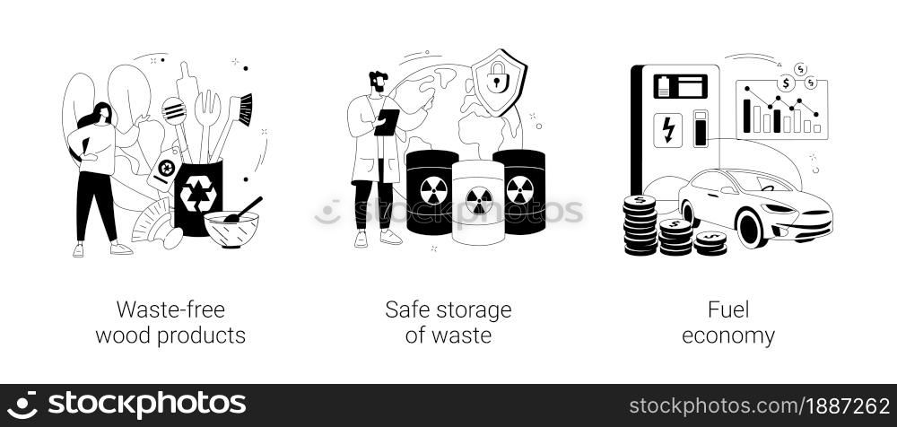 Green solutions abstract concept vector illustration set. Waste-free wood products, safe storage of waste, fuel economy, zero waste products, sorting and recycling, electric car abstract metaphor.. Green solutions abstract concept vector illustrations.