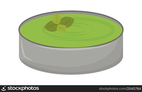 Green soup in bowl semi flat color vector element. Full sized object on white. Course seasoned with herbs. Savoury dish simple cartoon style illustration for web graphic design and animation. Green soup in bowl semi flat color vector element