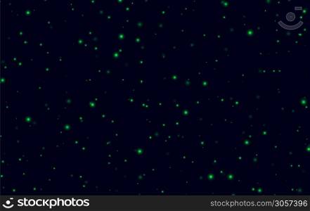 Green sparkles on a dark blue background, fireflies flying in the night. Abstract lightning bugs in the evening sky. Glowing stardust light effect. Vector backdrop.. Green sparkles on a dark blue background, fireflies flying in the night. Abstract lightning bugs in the evening sky.