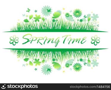 Green spring grass with flower and butterflies Isolated On White Background.Vector
