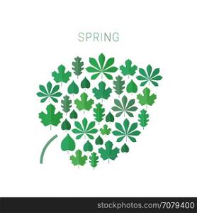 Green spring leaves.. Green spring leaf concept. Spring background with icons of leaves in flat style.