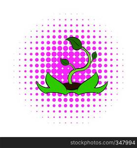 Green sprout icon in comics style on dotted background. Plants and nature symbol. Green sprout icon, comics style