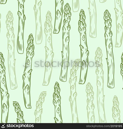 Green sprouts of asparagus seamless pattern. Background with organic healthy food. Template for product packaging and design.. Green sprouts of asparagus seamless pattern.