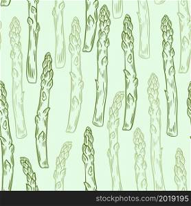 Green sprouts of asparagus seamless pattern. Background with organic healthy food. Template for product packaging and design.. Green sprouts of asparagus seamless pattern.
