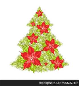 Green spruce made of red poinsettia. Vector illustration.