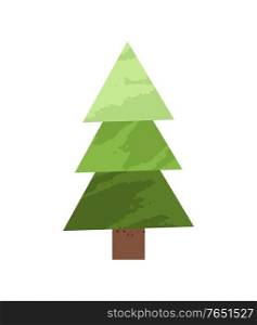 Green spruce tree made of simple triangles in flat design cartoon style. Vector fir-tree or New Year decorative element, green summer pine plant. Green Spruce Tree Made of Simple Triangles Design