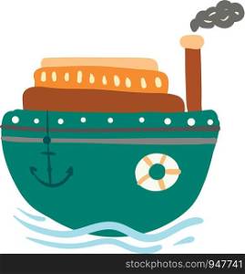 Green steam ship with anchor and life preserver vector color drawing or illustration