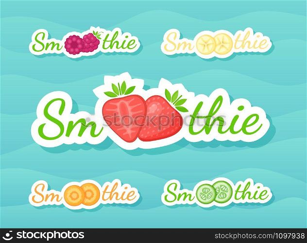 Green sticker fruit smoothie shake logo set vector illustration. Fresh vegetarian smoothies drink label with raw fruit and tag Smoothie for decoration shop sticker, promo discount or sale offer banner. Green sticker fruit smoothie shake logo collection