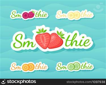 Green sticker fruit smoothie shake logo set vector illustration. Fresh vegetarian smoothies drink label with raw fruit and tag Smoothie for decoration shop sticker, promo discount or sale offer banner. Green sticker fruit smoothie shake logo collection