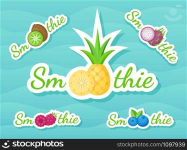 Green sticker smoothie fruit shake logo set vector illustration. Sign Smoothie on blue background on colorful smoothies drink cocktail sticker for store promotion art or shop decoration design,. Green sticker smoothie fruit shake logo set design