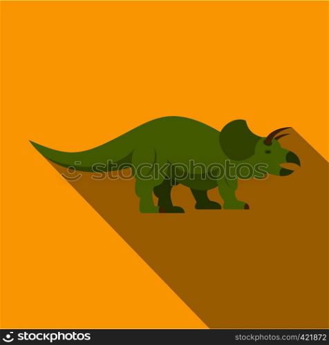 Green styracosaurus dinosaur icon. Flat illustration of green ceratopsians dinosaur vector icon for web isolated on yellow background. Green styracosaurus dinosaur icon, flat style