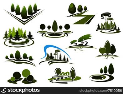 Green summer park, forest and garden landscape icons. With decorative trees and bushes, walking alleys and footpaths, peaceful grassy meadows and figured lawns. Green park, garden and forest landscape icons