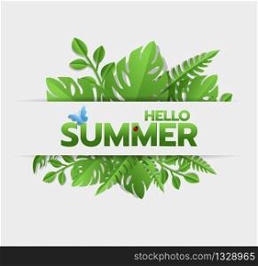 Green summer party tropical background with exotic palm leaves and plants. Vector floral background.