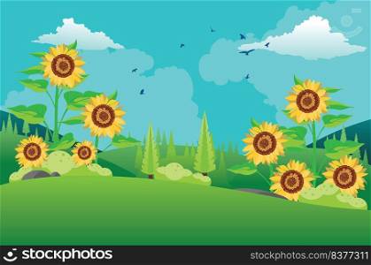 Green summer rural landscape with big sunflowers illustration.