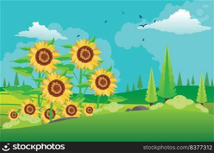Green summer rural landscape with big sunflowers illustration.