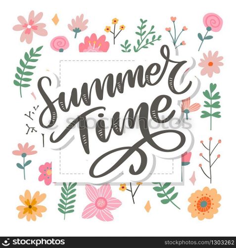 Green summer time letter flowers in modern style on colorful background. Greeting invitation vector illustration. Floral bouquet decoration.. Green summer time letter flowers in modern style on colorful background. Greeting invitation vector illustration. Floral bouquet decoration. Decoration element.