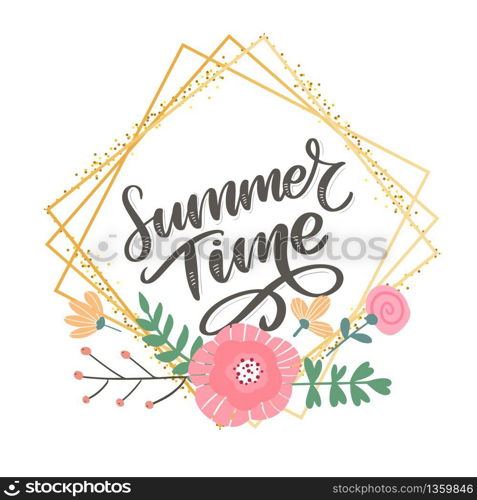 Green summer time letter flowers in modern style on colorful background. Greeting invitation vector illustration. Floral bouquet decoration.. Green summer time letter flowers in modern style on colorful background. Greeting invitation vector illustration. Floral bouquet decoration. Decoration element.