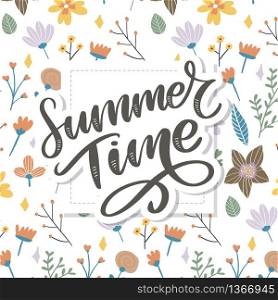 Green summer time letter flowers in modern style on colorful background. Greeting invitation vector illustration. Floral bouquet decoration.. Green summer time letter flowers in modern style on colorful background. Greeting invitation vector illustration. Floral bouquet decoration. Decoration element.