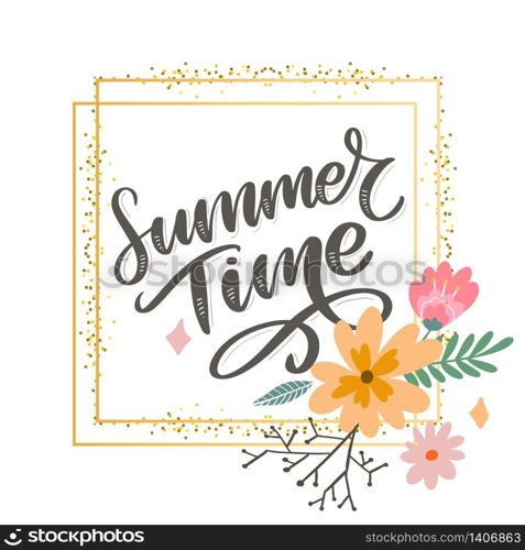 Green summer time letter flowers in modern style on colorful background. Greeting invitation vector illustration. Floral bouquet decoration.. Green summer time letter flowers in modern style on colorful background. Greeting invitation vector illustration. Floral bouquet decoration. Decoration element.