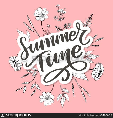 Green summer time letter flowers in modern style on colorful background. Greeting invitation vector illustration. Floral bouquet decoration.. Green summer time letter flowers in modern style on colorful background. Greeting invitation vector illustration. Floral bouquet decoration. Decoration element.