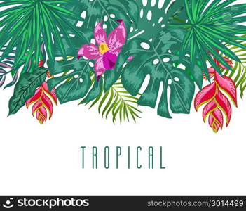 Green summer tropical background with exotic palm leaves. Green summer tropical background with exotic palm leaves, hibiscus and heliconia flowers, plants on white background and place for your text.. Vector floral banner design