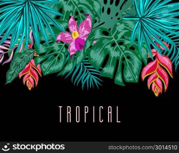Green summer tropical background with exotic palm leaves and plants. Vector floral background.. Green summer tropical background with exotic palm leaves, hibiscus, orchid and heliconia flowers, plants on black background and place for your text.. Vector floral banner design