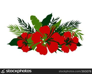 Green summer tropical background with exotic palm leaves and red hibiscus flowers. Vector floral banner.. Green summer tropical background with exotic palm leaves and hibiscus flowers. Vector