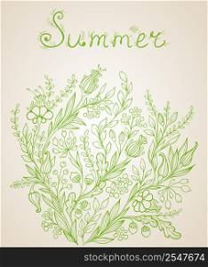 Green summer vector background with flowers and leaves