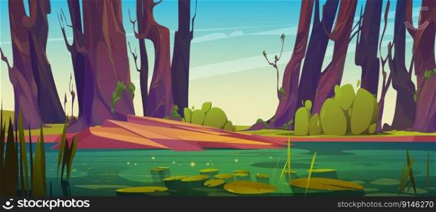 Green swamp or lake with waterlily vector background. Summer pond with bush in park. Dirty water in river with shining surface cartoon illustration for fantasy game. Foreground with wild landscape.. Green swamp lake with waterlily, shining surface