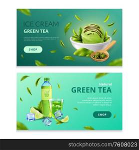 Green tea banners with bottle of iced beverage and saucer of ice cream isolated vector illustration