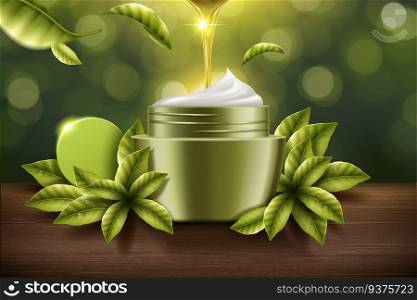 Green tea cream product with serum dripping down and ingredients around it in 3d illustration, nature bokeh background. Green tea cream product
