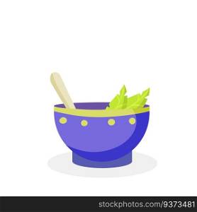 Green tea Cup. Blue earthenware. National ethnic Oriental drink. Flat cartoon illustration with leaves. Piala bowl. Green tea Cup. Blue earthenware.