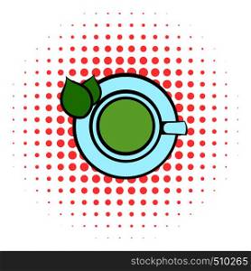 Green tea cup icon in comics style on a white background. Green tea cup icon, comics style