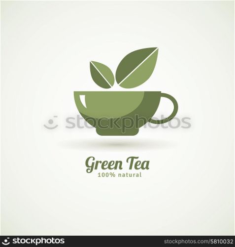 Green tea cup leaf design icon . Decorative green cup tea with couple of leaves design icon white background poster print abstract vector illustration