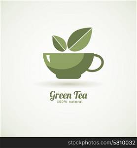 Green tea cup leaf design icon . Decorative green cup tea with couple of leaves design icon white background poster print abstract vector illustration