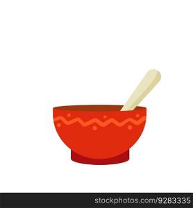Green tea Cup. Red earthenware. Piala bowl. National ethnic Oriental drink with spoon. Flat cartoon illustration. Green tea Cup. Red earthenware. Piala bowl