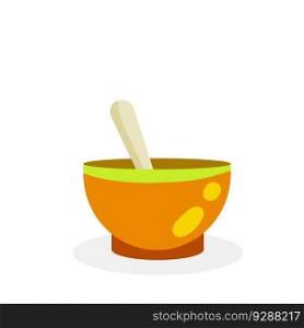 Green tea Cup with spoon. Brown earthenware. Piala bowl. National ethnic Oriental drink. Flat cartoon illustration. Green tea Cup with spoon.