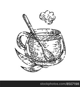 green tea hand drawn vector. cup drink, herb hea<hy hot teacup, nature food green tea sketch. isolated black illustration. green tea sketch hand drawn vector