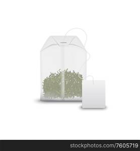 Green tea in teabag with blank label isolated. Vector Chinese drink in pack, mockup template. Rectangle teabag with green tea isolated template
